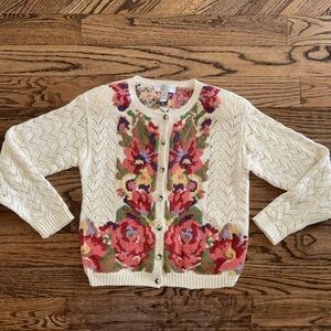 Vintage Cambridge Petites PM M Floral Knit Crochet Cardigan Cotton Linen Cottage